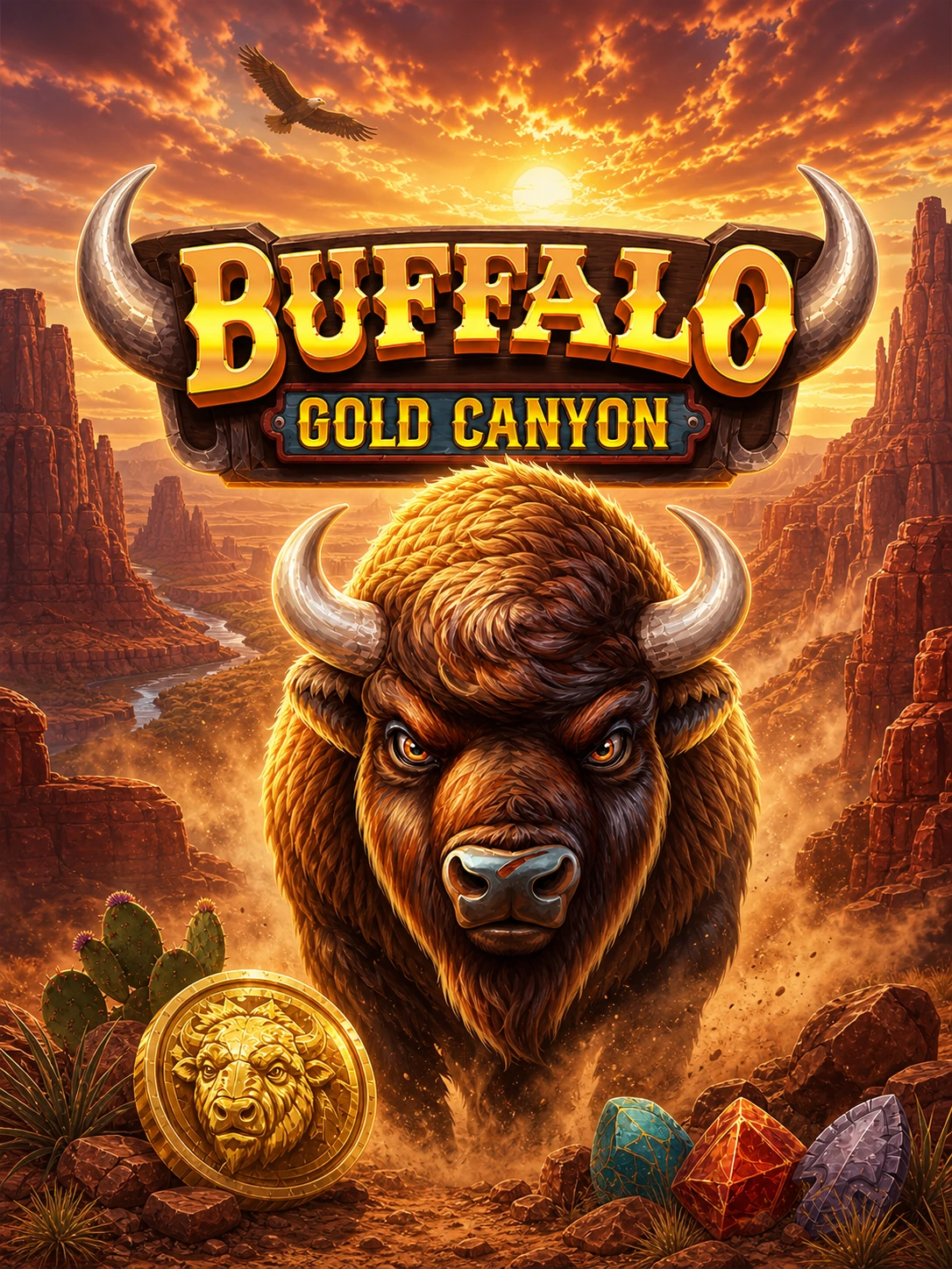 Buffalo Gold Canyon portrait artwork with canyon wildlife