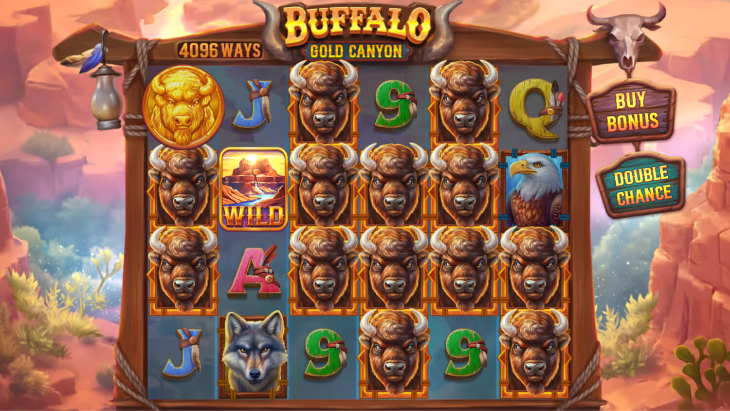 Official GameBeat base-game capture with buffalo symbols and a wild