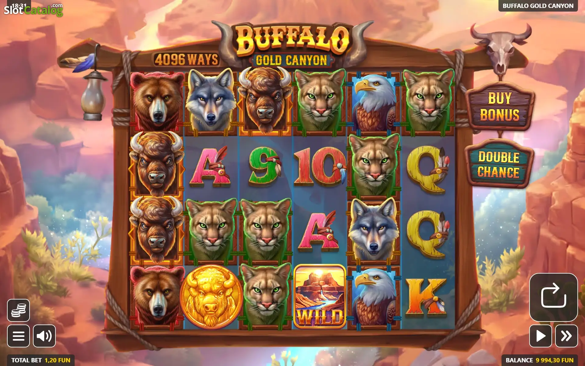 Buffalo Gold Canyon base-game screen with the 4,096-ways grid