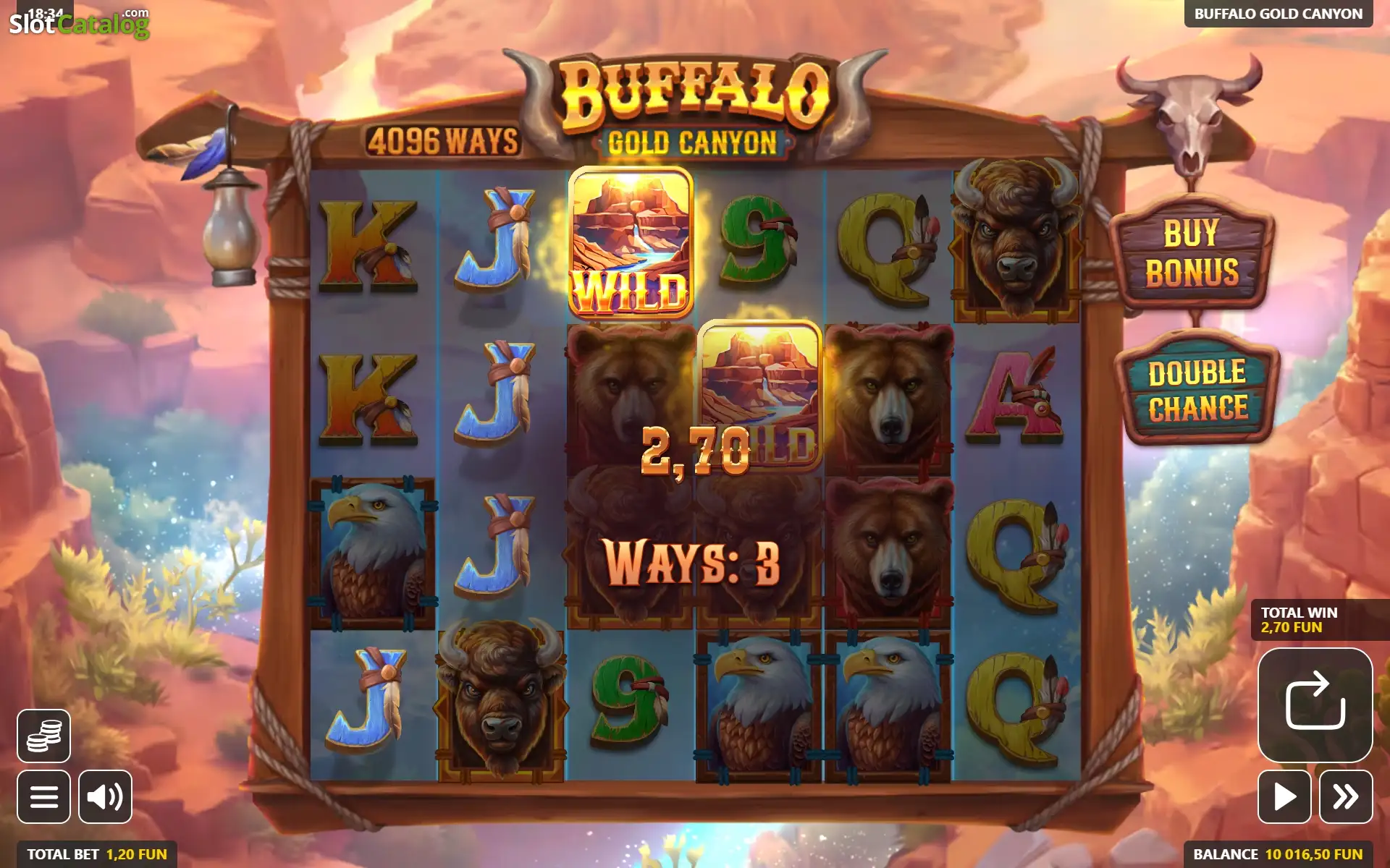 Buffalo Gold Canyon feature win with highlighted reel symbols