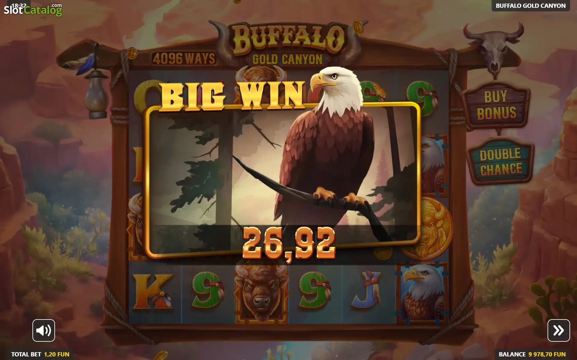 Buffalo Gold Canyon big-win screen from the real game interface