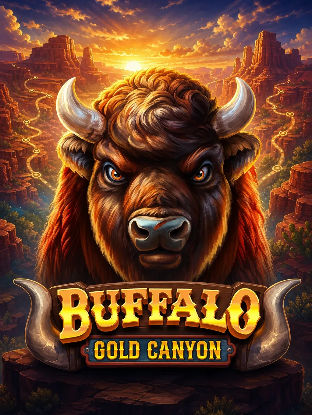 Buffalo Gold Canyon portrait artwork with a charging buffalo
