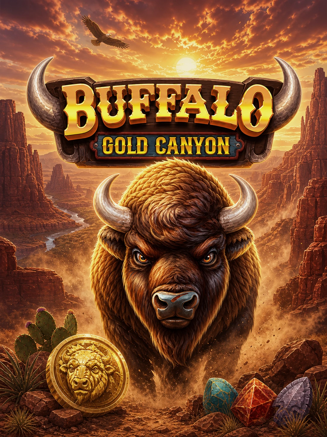 Buffalo Gold Canyon portrait artwork in a golden desert canyon